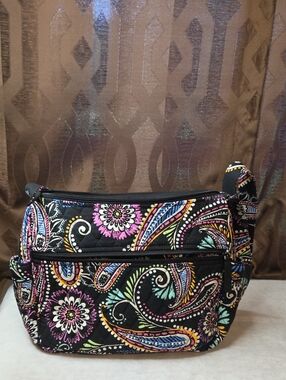 Vera Bradley Black Floral Quilted Shoulder Bag-Quilted Interior